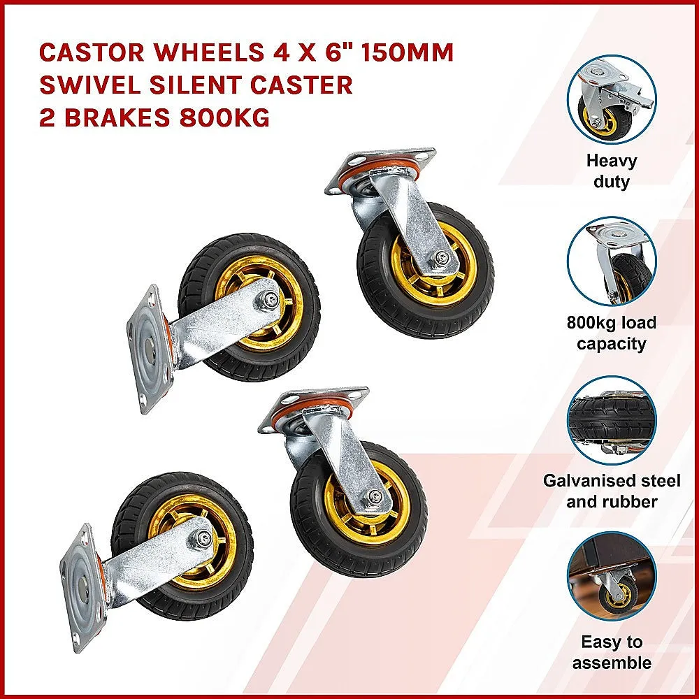 800KG Heavy-Duty Swivel Caster Wheels w/ 2 Brakes, 4 x 6" Rubber