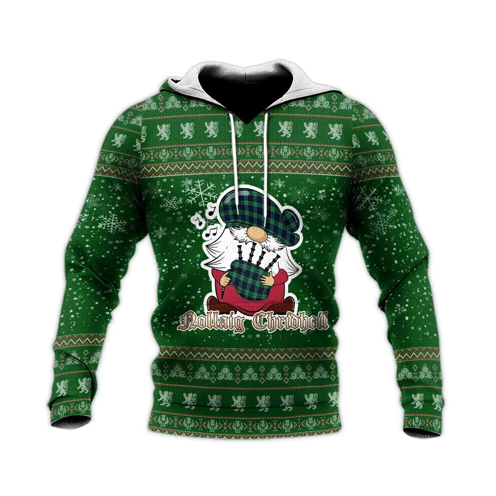 Abercrombie Clan Christmas Knitted Hoodie with Funny Gnome Playing Bagpipes