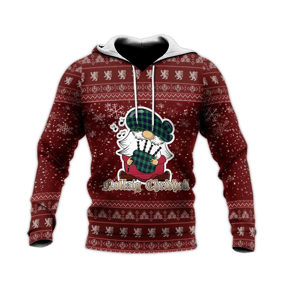 Abercrombie Clan Christmas Knitted Hoodie with Funny Gnome Playing Bagpipes