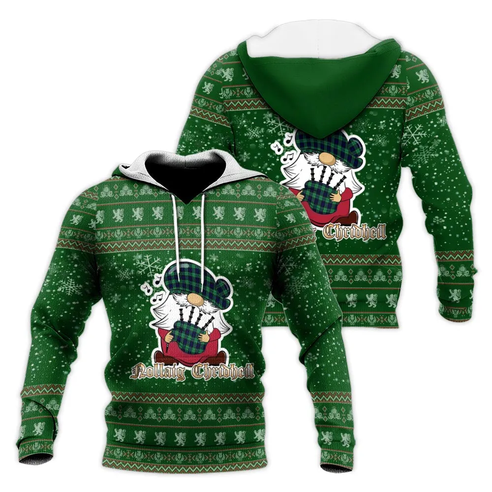 Abercrombie Clan Christmas Knitted Hoodie with Funny Gnome Playing Bagpipes