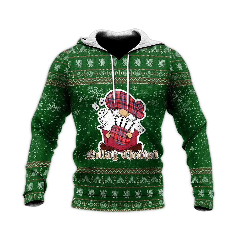 Aberdeen District Clan Christmas Knitted Hoodie with Funny Gnome Playing Bagpipes