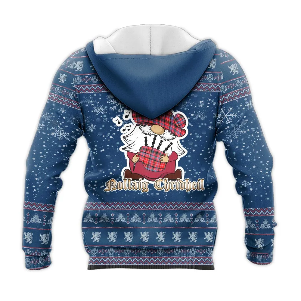 Aberdeen District Clan Christmas Knitted Hoodie with Funny Gnome Playing Bagpipes