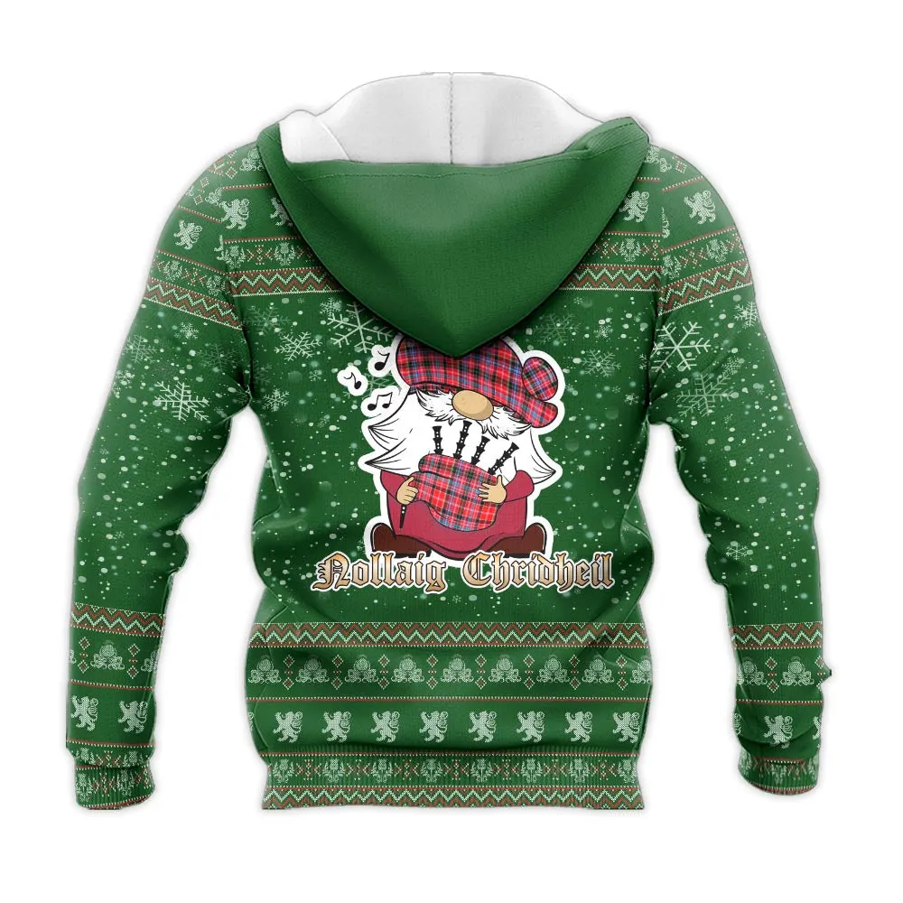 Aberdeen District Clan Christmas Knitted Hoodie with Funny Gnome Playing Bagpipes