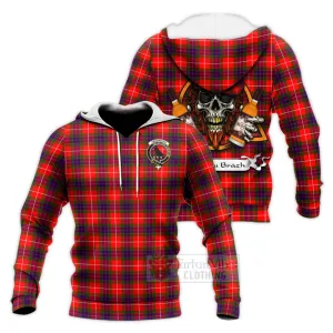 Abernethy Tartan Knitted Hoodie with Family Crest and Bearded Skull Holding Bottles of Whiskey