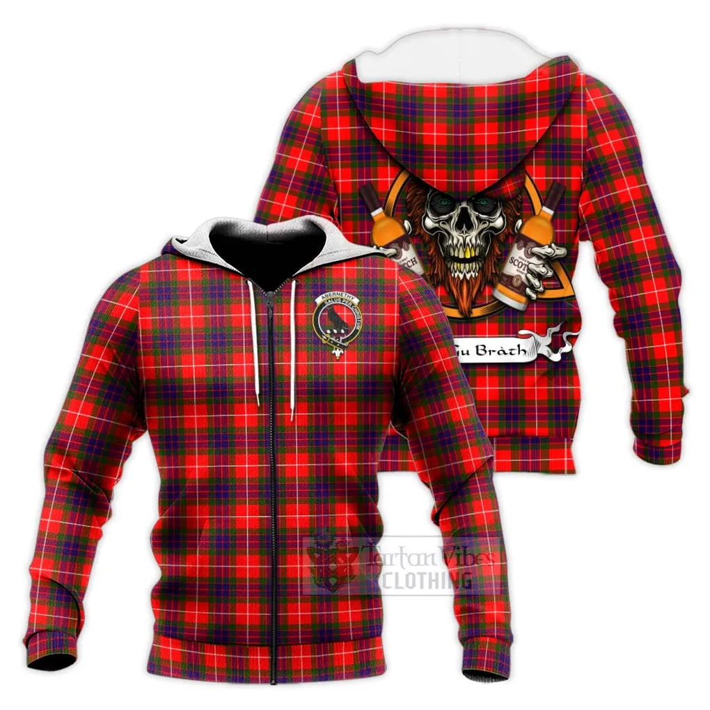 Abernethy Tartan Knitted Hoodie with Family Crest and Bearded Skull Holding Bottles of Whiskey