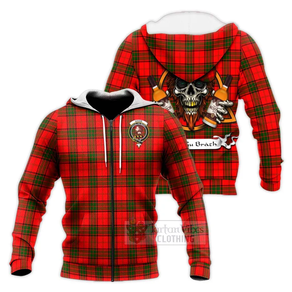 Adair Tartan Knitted Hoodie with Family Crest and Bearded Skull Holding Bottles of Whiskey