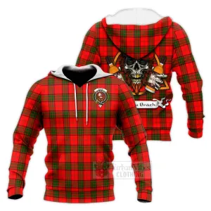 Adair Tartan Knitted Hoodie with Family Crest and Bearded Skull Holding Bottles of Whiskey