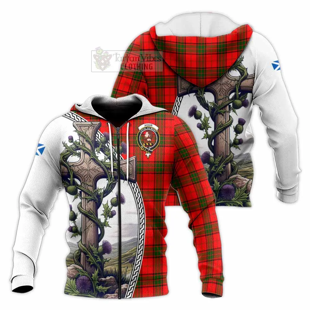 Adair Tartan Knitted Hoodie with Family Crest and St. Andrew's Cross Accented by Thistle Vines