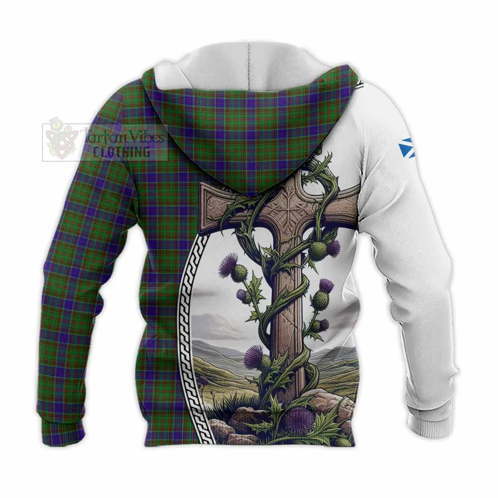 Adam Tartan Knitted Hoodie with Family Crest and St. Andrew's Cross Accented by Thistle Vines