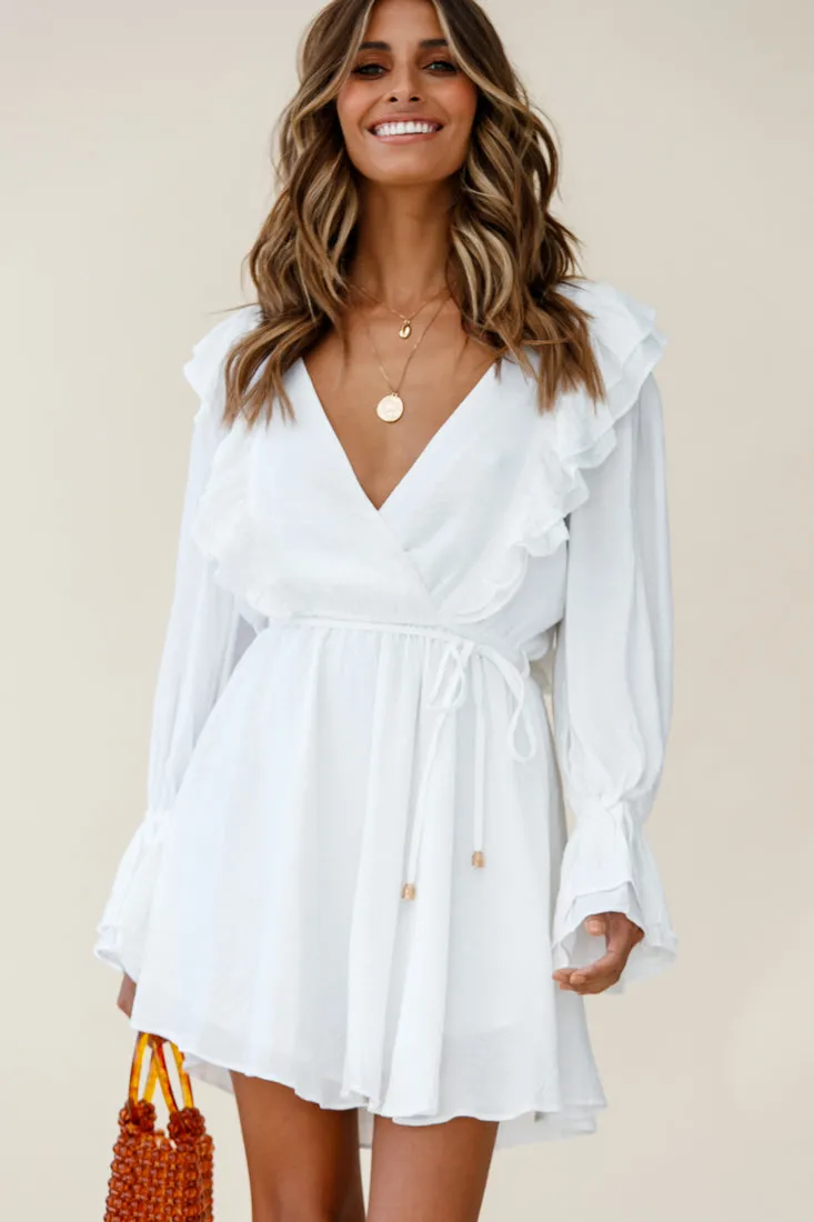 Adina Fluted Long Sleeve Frill Detail Dress White