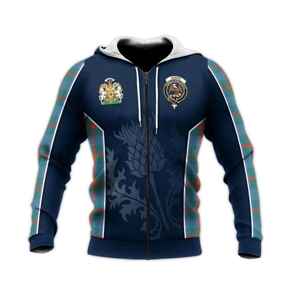 Agnew Ancient Tartan Knitted Hoodie with Family Crest and Scottish Thistle Vibes Sport Style