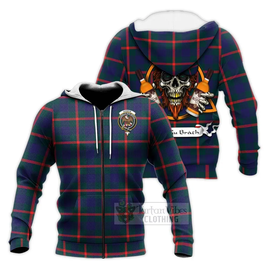 Agnew Tartan Knitted Hoodie with Family Crest and Bearded Skull Holding Bottles of Whiskey