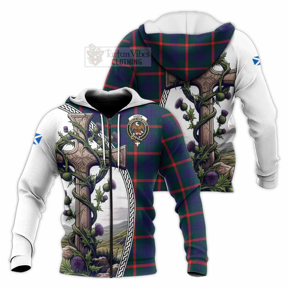 Agnew Tartan Knitted Hoodie with Family Crest and St. Andrew's Cross Accented by Thistle Vines