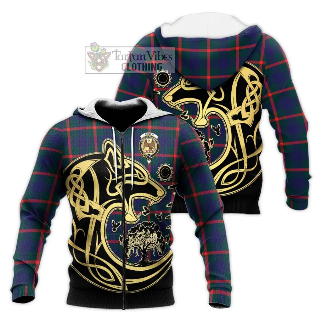 Agnew Tartan Knitted Hoodie with Family Crest Celtic Wolf Style