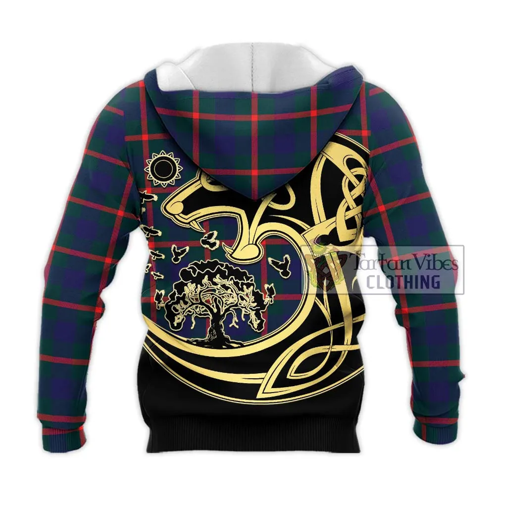 Agnew Tartan Knitted Hoodie with Family Crest Celtic Wolf Style