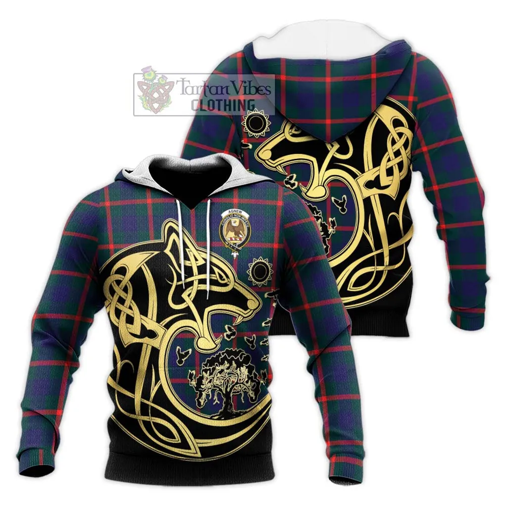 Agnew Tartan Knitted Hoodie with Family Crest Celtic Wolf Style