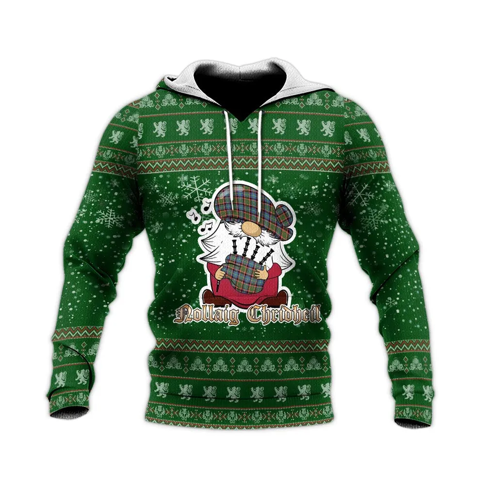 Aikenhead Clan Christmas Knitted Hoodie with Funny Gnome Playing Bagpipes