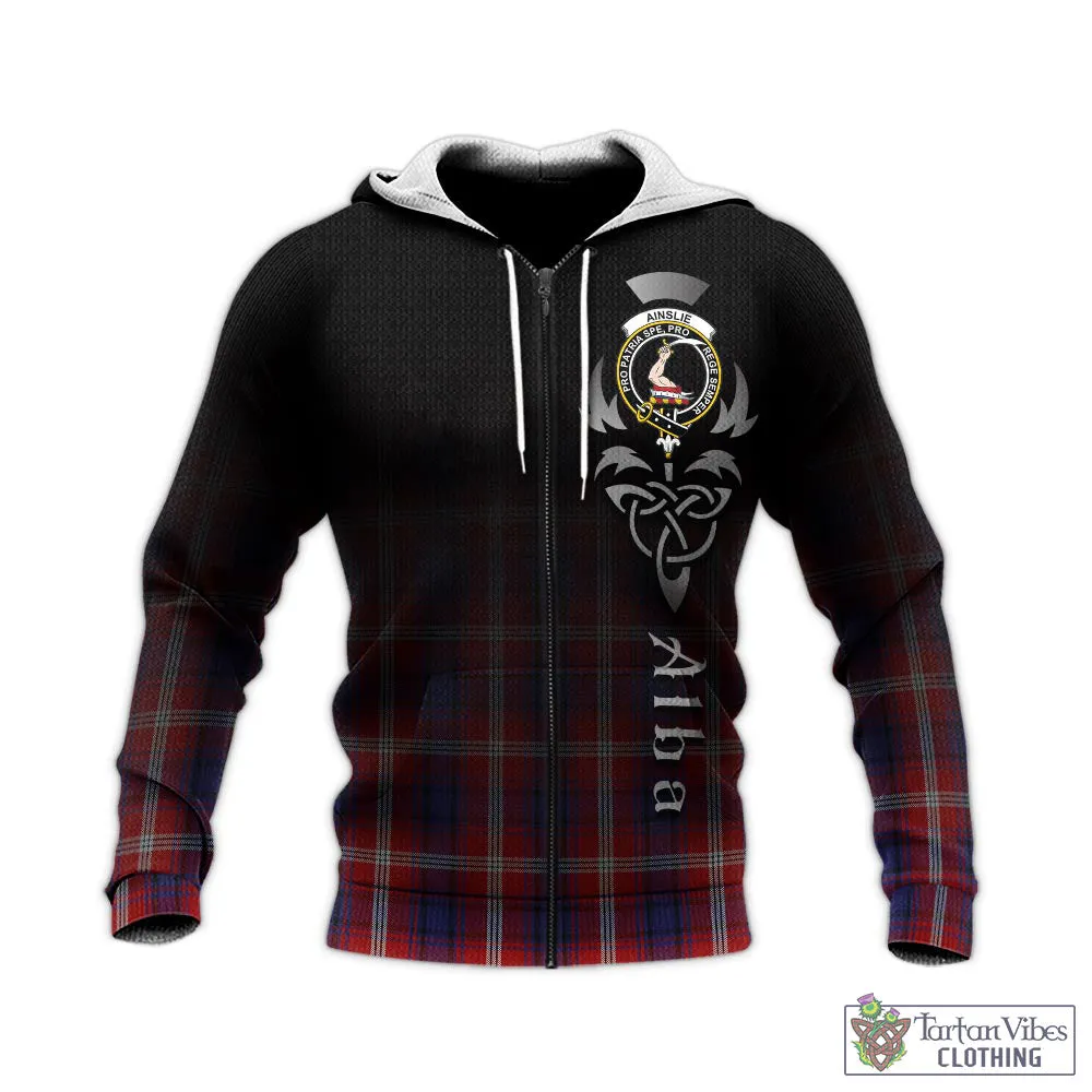 Ainslie Tartan Knitted Hoodie Featuring Alba Gu Brath Family Crest Celtic Inspired