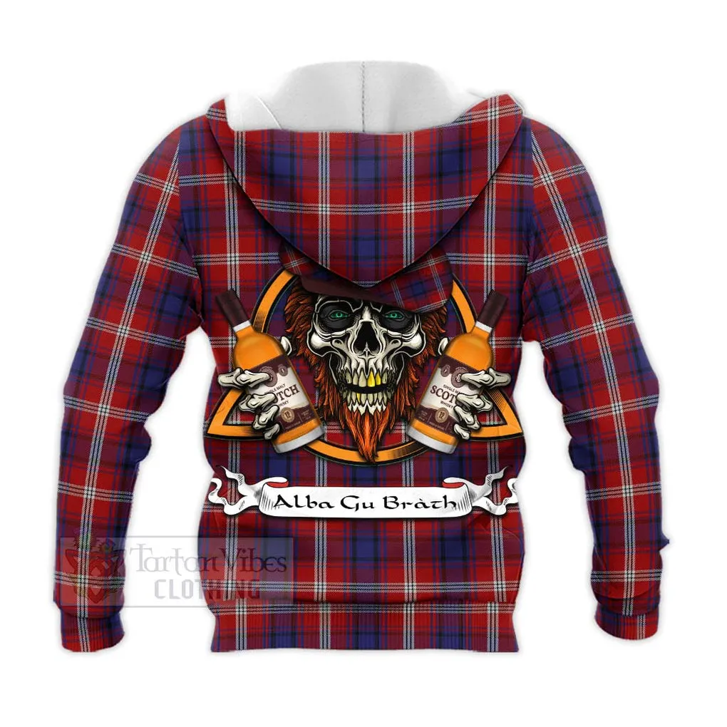 Ainslie Tartan Knitted Hoodie with Family Crest and Bearded Skull Holding Bottles of Whiskey