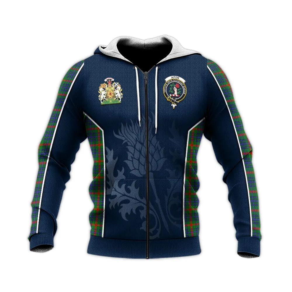 Aiton Tartan Knitted Hoodie with Family Crest and Scottish Thistle Vibes Sport Style