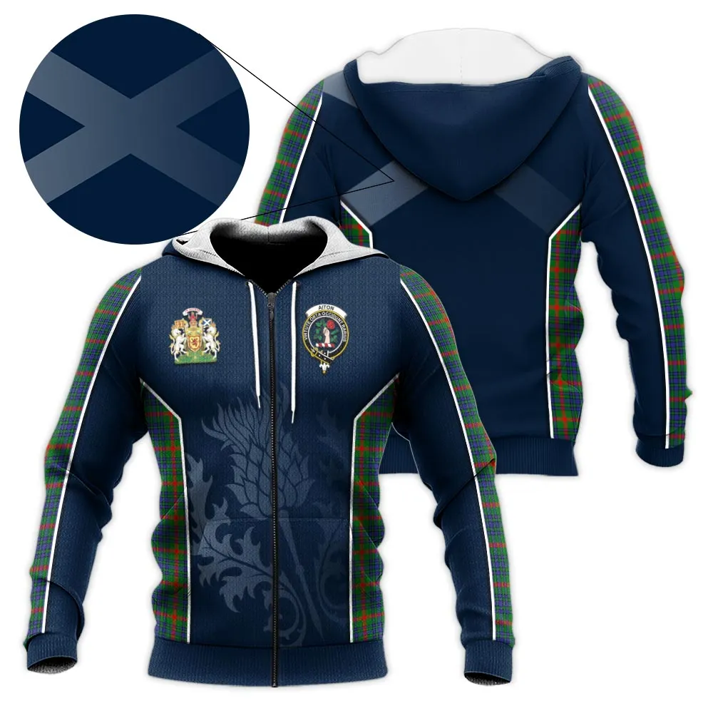 Aiton Tartan Knitted Hoodie with Family Crest and Scottish Thistle Vibes Sport Style