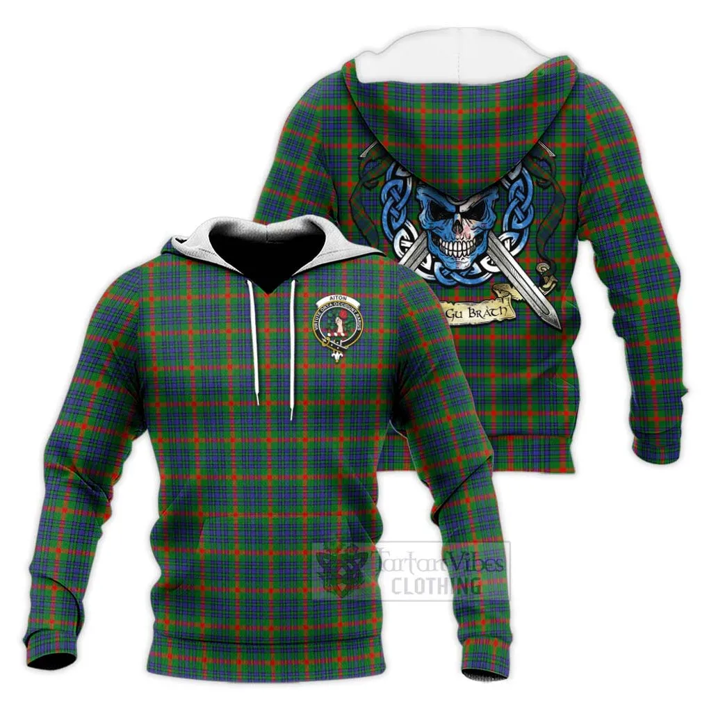 Aiton Tartan Knitted Hoodie with Family Crest Celtic Skull Style