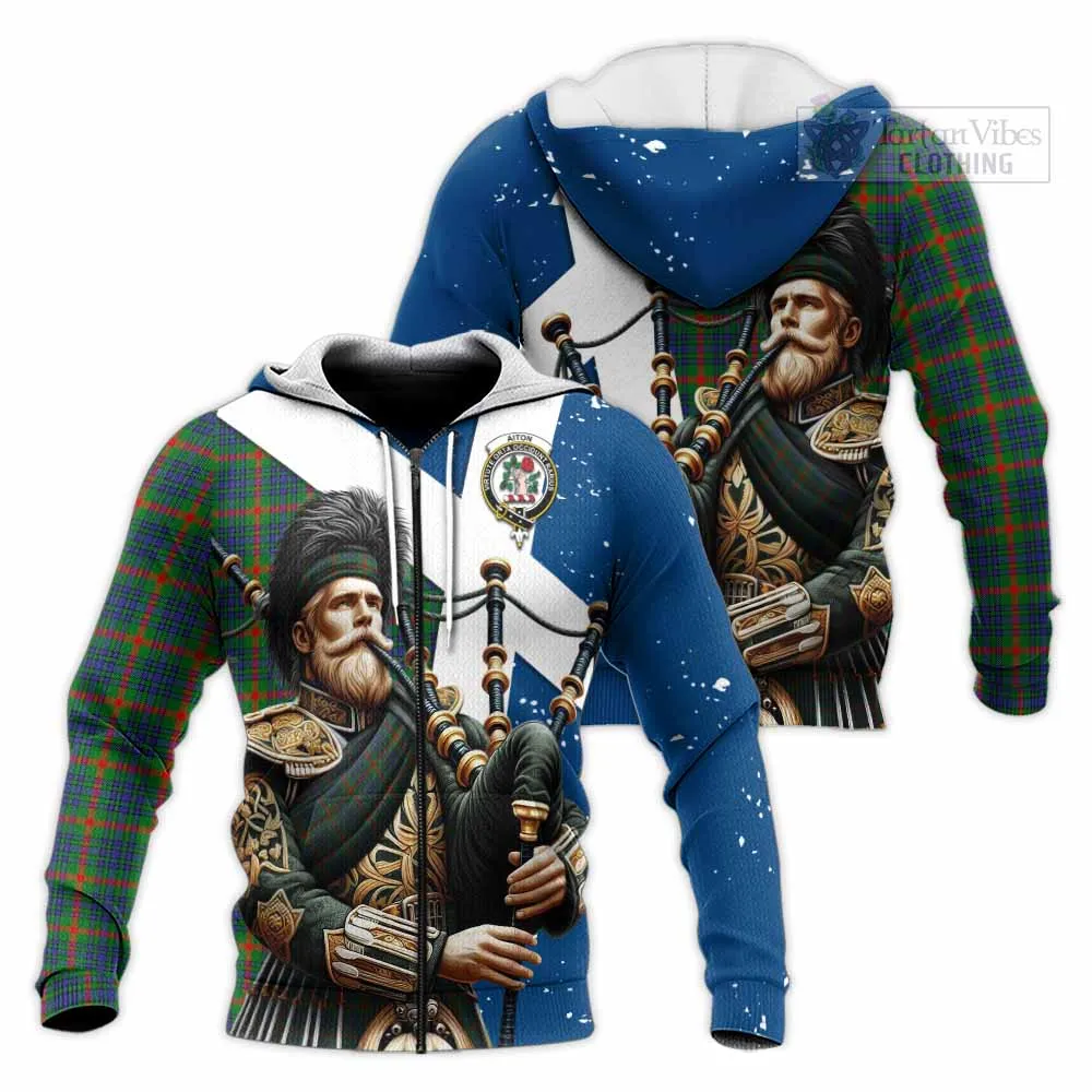 Aiton Tartan Knitted Hoodie with Family Crest Scottish Bagpiper Vibes