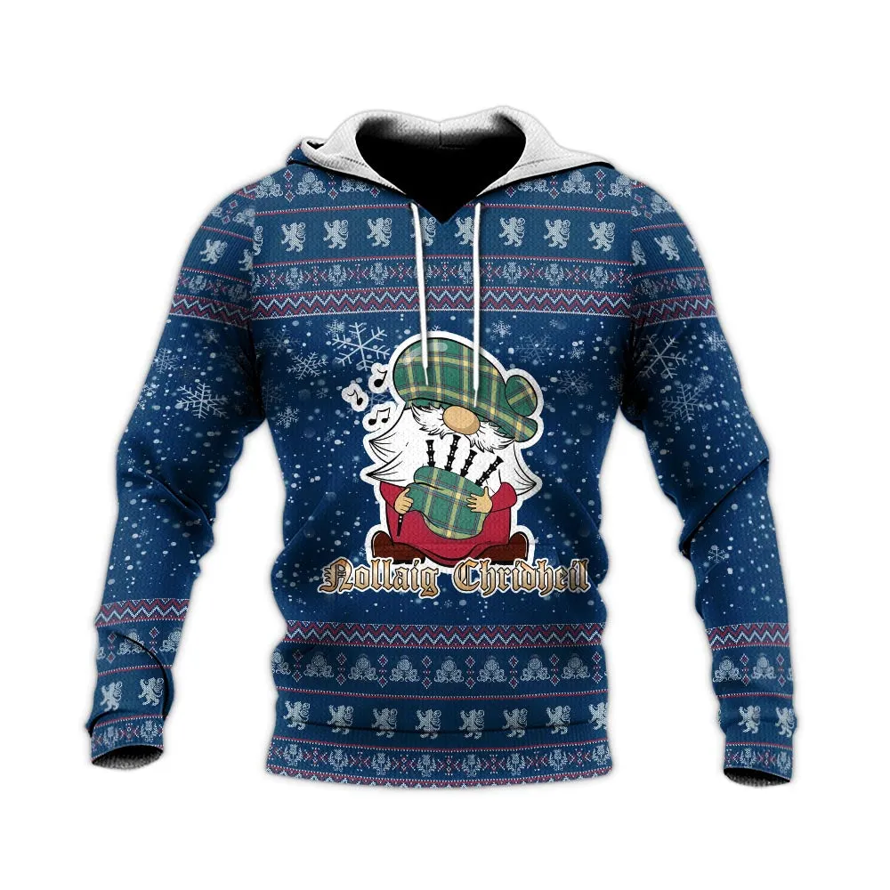 Alberta Province Canada Clan Christmas Knitted Hoodie with Funny Gnome Playing Bagpipes