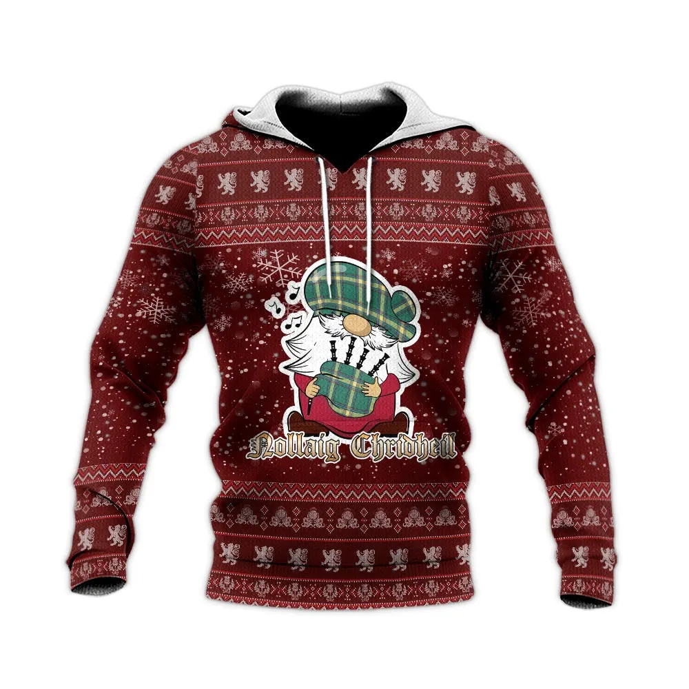 Alberta Province Canada Clan Christmas Knitted Hoodie with Funny Gnome Playing Bagpipes