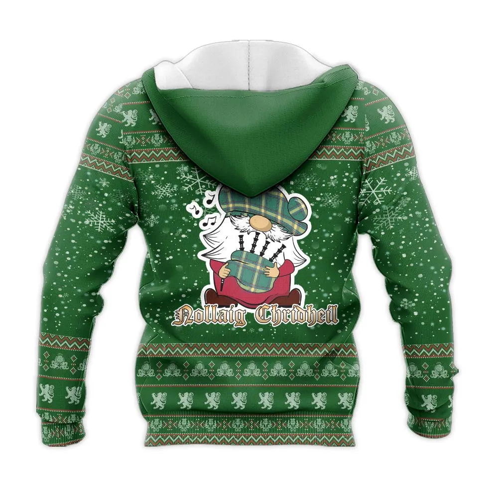 Alberta Province Canada Clan Christmas Knitted Hoodie with Funny Gnome Playing Bagpipes