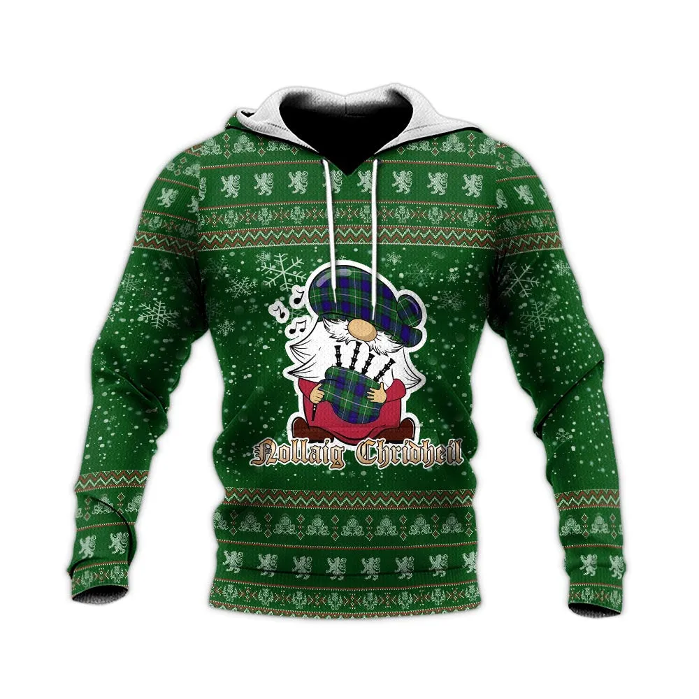 Alexander Clan Christmas Knitted Hoodie with Funny Gnome Playing Bagpipes