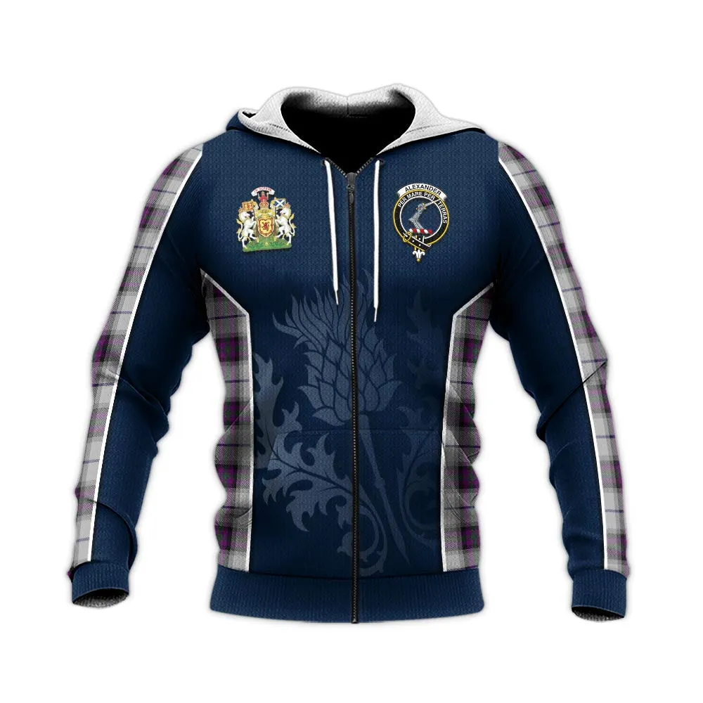 Alexander of Menstry Dress Tartan Knitted Hoodie with Family Crest and Scottish Thistle Vibes Sport Style