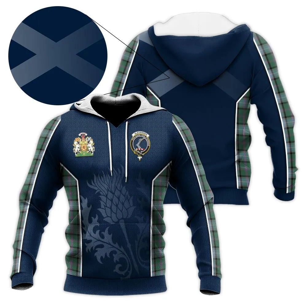 Alexander of Menstry Hunting Tartan Knitted Hoodie with Family Crest and Scottish Thistle Vibes Sport Style