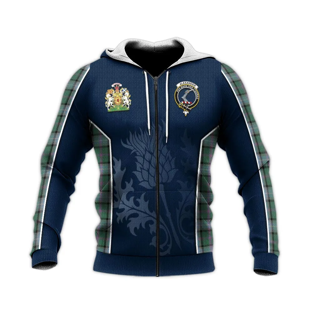 Alexander of Menstry Hunting Tartan Knitted Hoodie with Family Crest and Scottish Thistle Vibes Sport Style