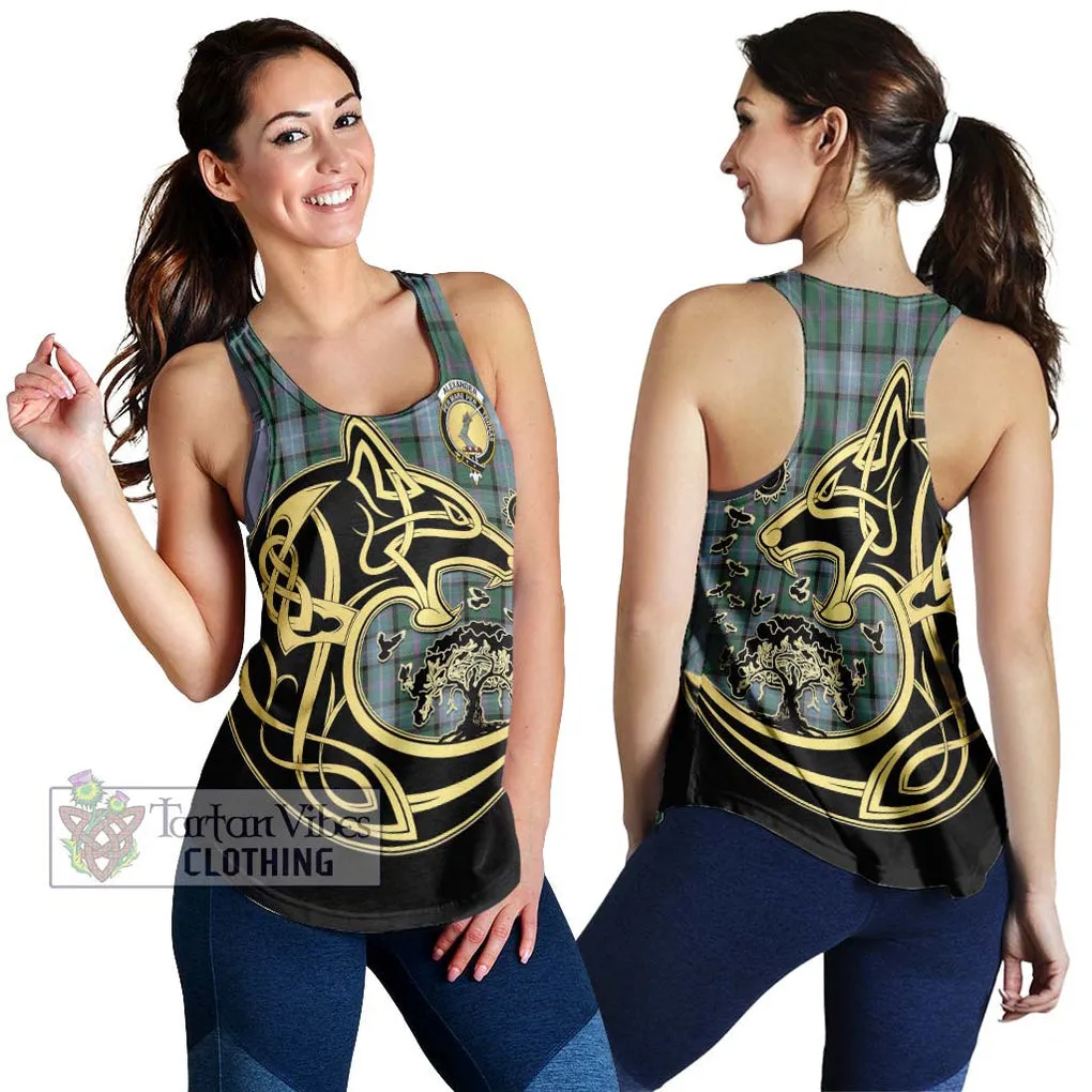 Alexander of Menstry Hunting Tartan Women's Racerback Tanks with Family Crest Celtic Wolf Style