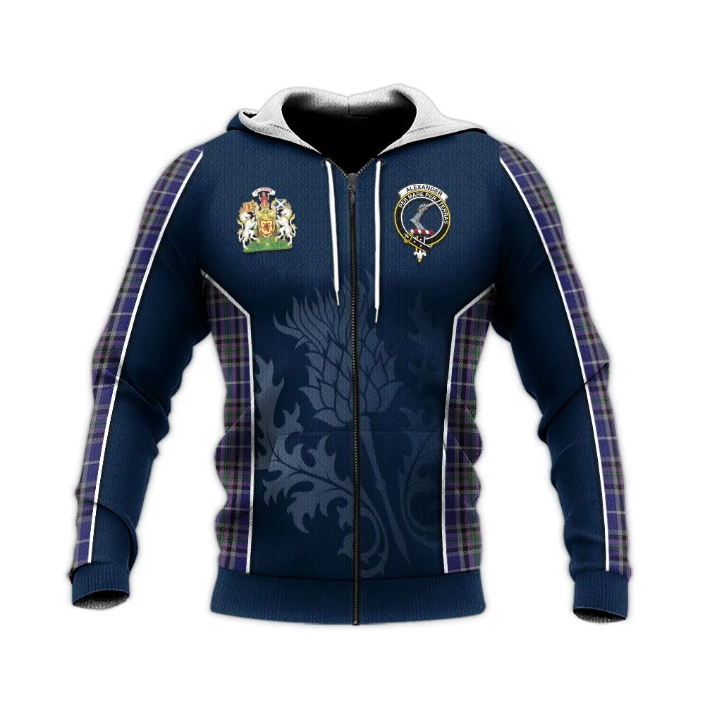 Alexander of Menstry Tartan Knitted Hoodie with Family Crest and Scottish Thistle Vibes Sport Style