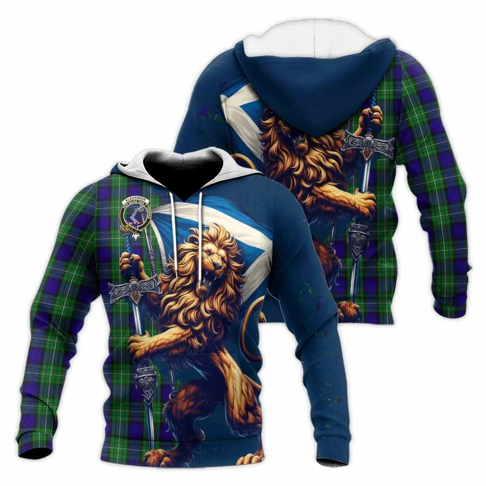 Alexander Tartan Family Crest Knitted Hoodie with Scottish Majestic Lion