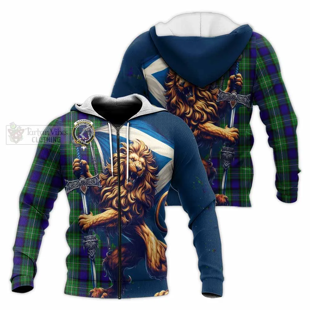 Alexander Tartan Family Crest Knitted Hoodie with Scottish Majestic Lion