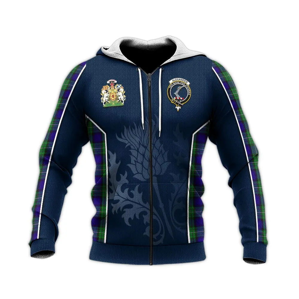 Alexander Tartan Knitted Hoodie with Family Crest and Scottish Thistle Vibes Sport Style