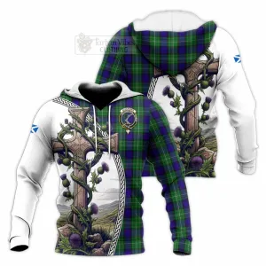 Alexander Tartan Knitted Hoodie with Family Crest and St. Andrew's Cross Accented by Thistle Vines