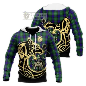 Alexander Tartan Knitted Hoodie with Family Crest Celtic Wolf Style