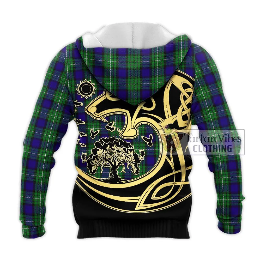 Alexander Tartan Knitted Hoodie with Family Crest Celtic Wolf Style