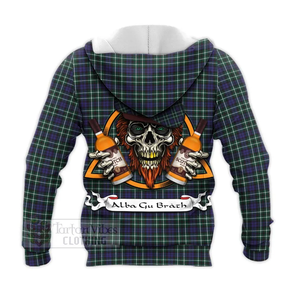 Allardice Tartan Knitted Hoodie with Family Crest and Bearded Skull Holding Bottles of Whiskey