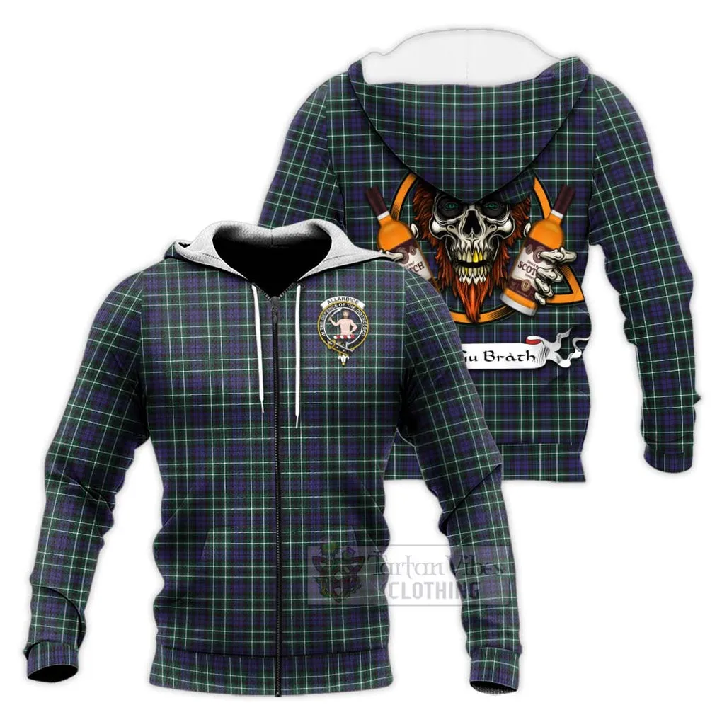 Allardice Tartan Knitted Hoodie with Family Crest and Bearded Skull Holding Bottles of Whiskey