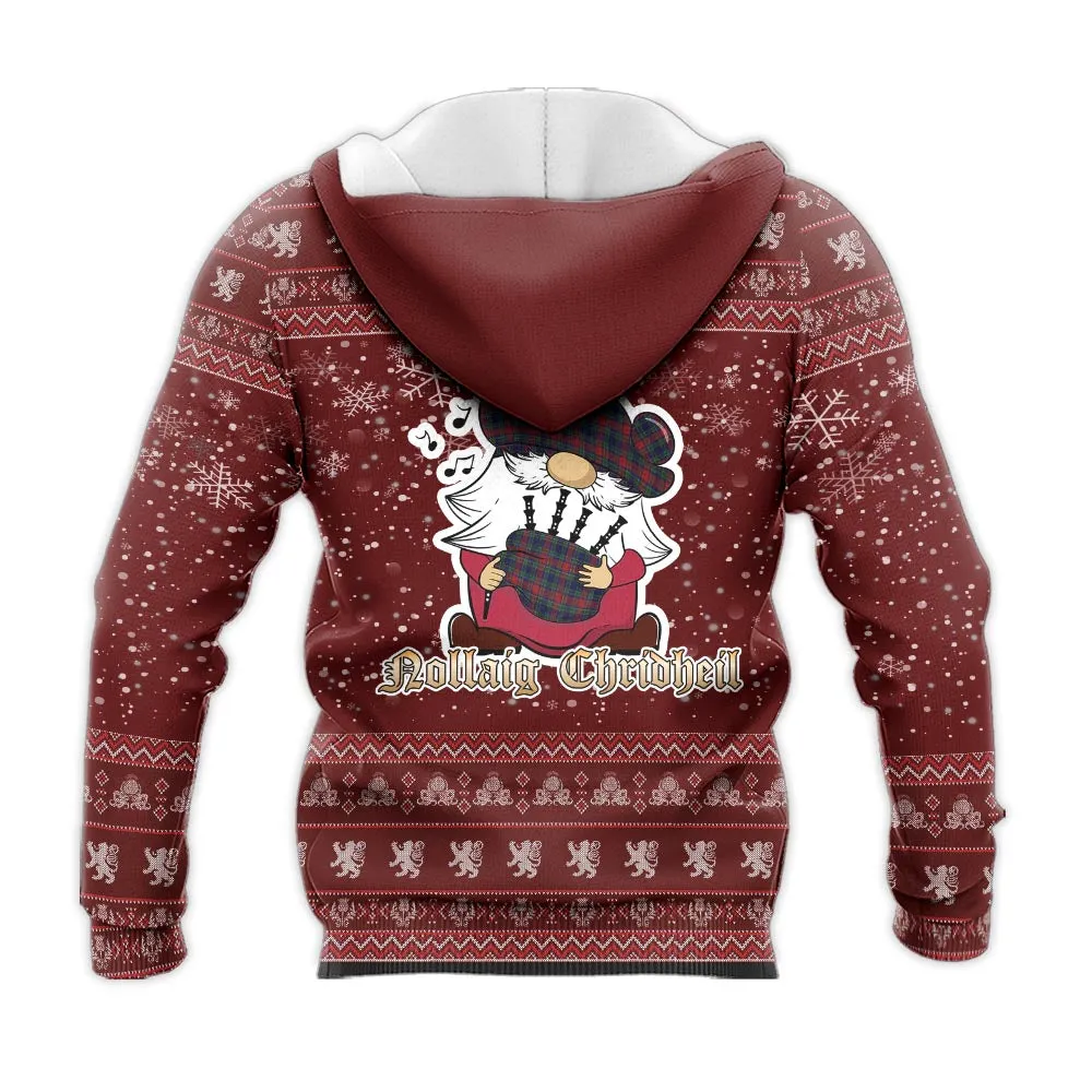 Allison Red Clan Christmas Knitted Hoodie with Funny Gnome Playing Bagpipes