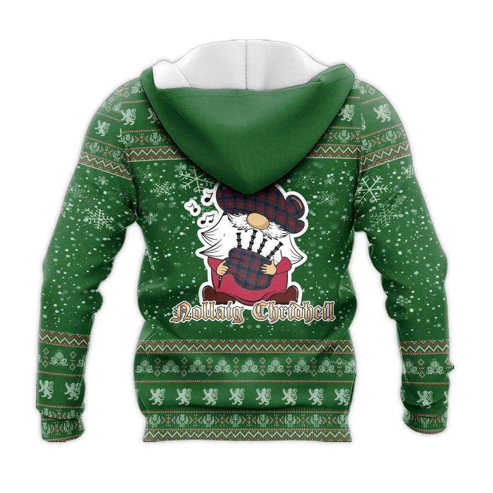 Allison Red Clan Christmas Knitted Hoodie with Funny Gnome Playing Bagpipes