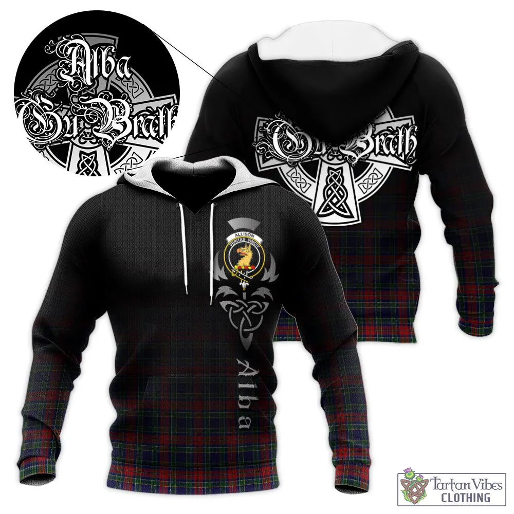 Allison Red Tartan Knitted Hoodie Featuring Alba Gu Brath Family Crest Celtic Inspired