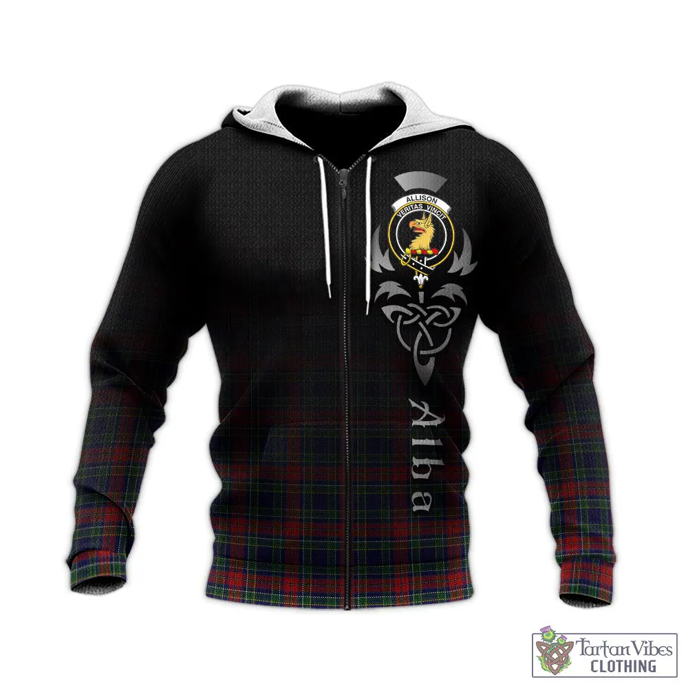 Allison Red Tartan Knitted Hoodie Featuring Alba Gu Brath Family Crest Celtic Inspired