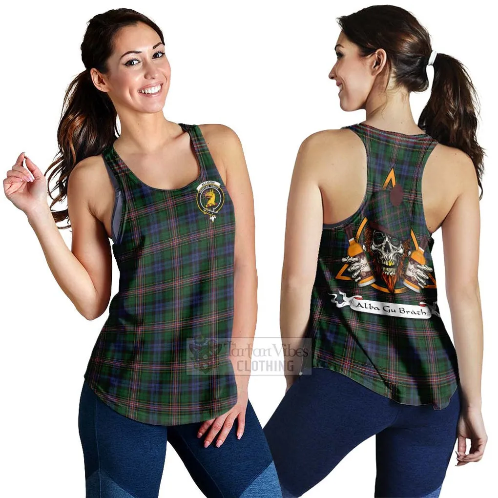 Allison Tartan Women's Racerback Tanks with Family Crest and Bearded Skull Holding Bottles of Whiskey