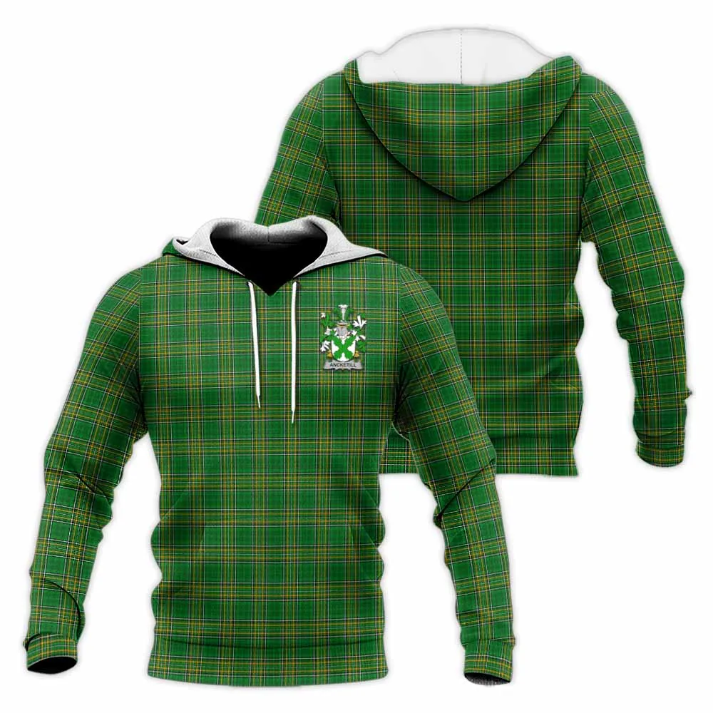 Ancketill Irish Clan Tartan Knitted Hoodie with Coat of Arms